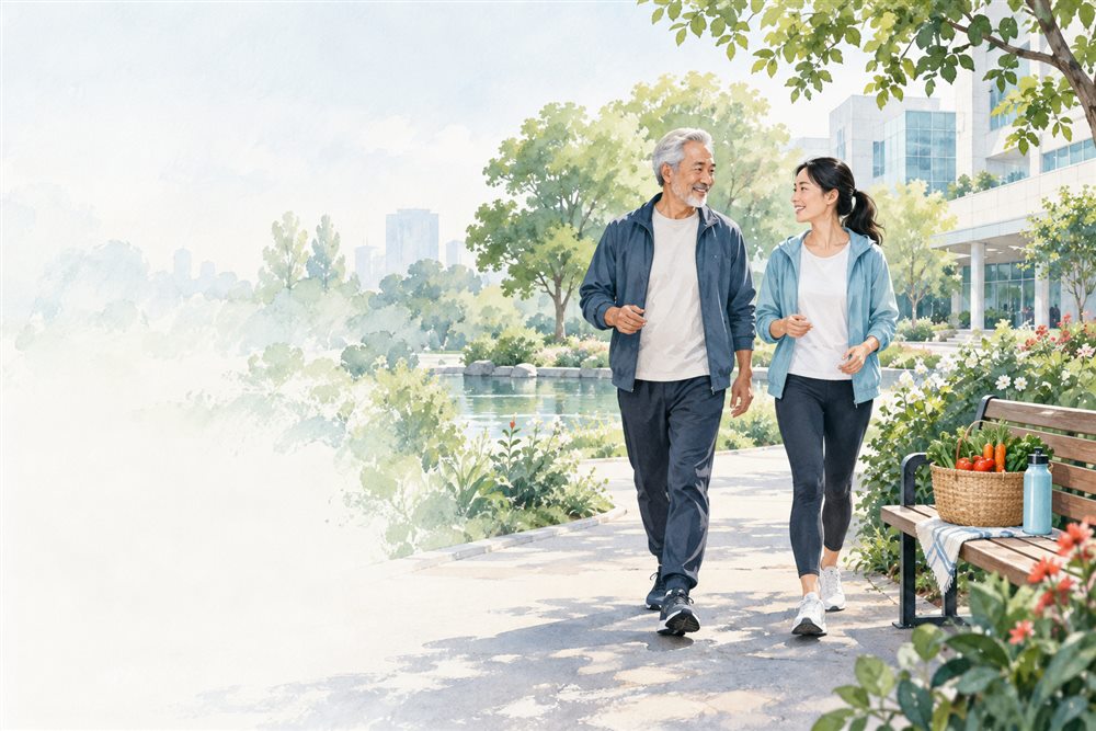 不同年齡的兩位成人在醫院花園散步的健康生活插畫